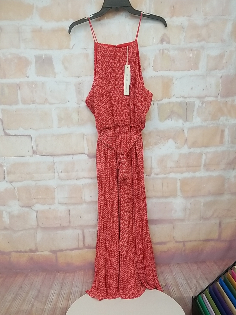 She + Sky Orange Red Printed Tie-Waist Spaghetti-Strap Maxi Dress